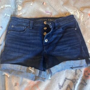 American‎ Eagle Shorts Midi Denim Jean Dark Wash Blue Solid Button Fly The Dream